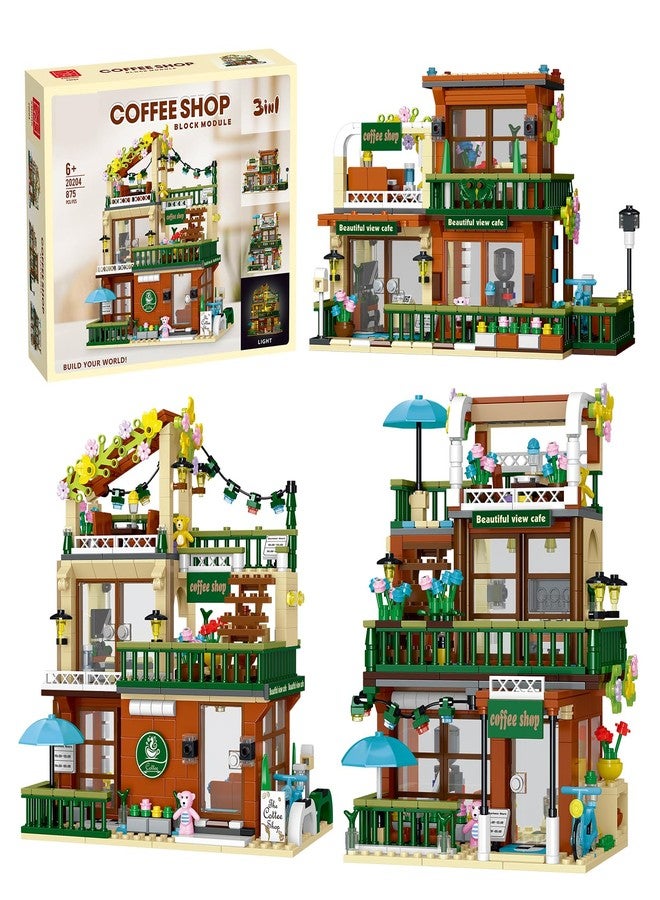 MOCBROPCS 3 in 1 Street View Coffee Shop City Building Set, Compatible with City House Modular Simulation Architecture Construction Toy with LED Lights, Gift for Adults and Girls Kids Aged 8+(875 PCS) - Image 1